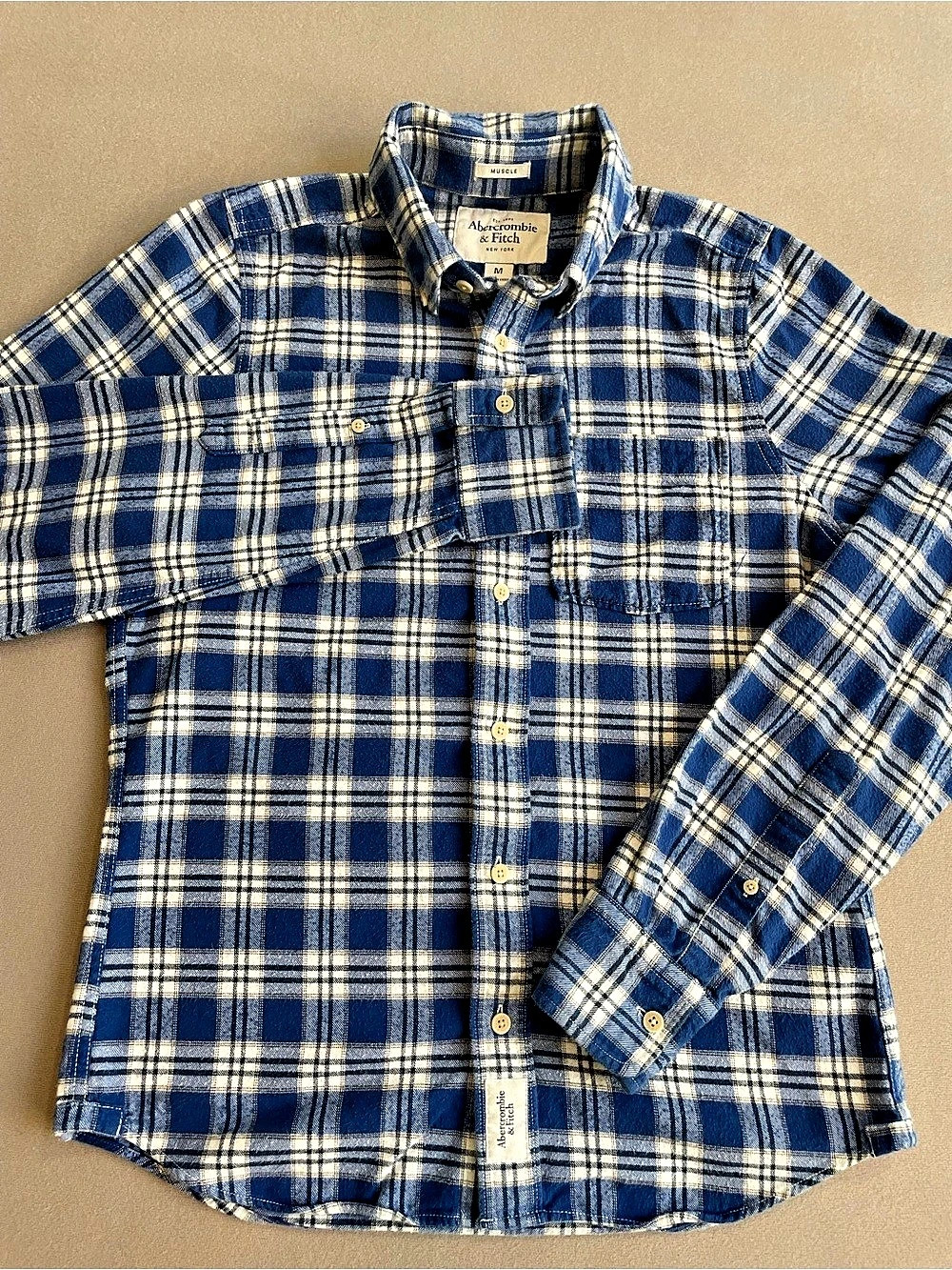 Abercrombie & Fitch Muscle Plaid Button Down Shirt Blue & White Medium